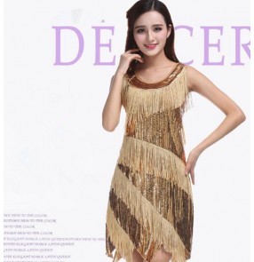 Gold black sequins fringes sleeveless tank competition performance latin salsa cha cha dance dresses outfits